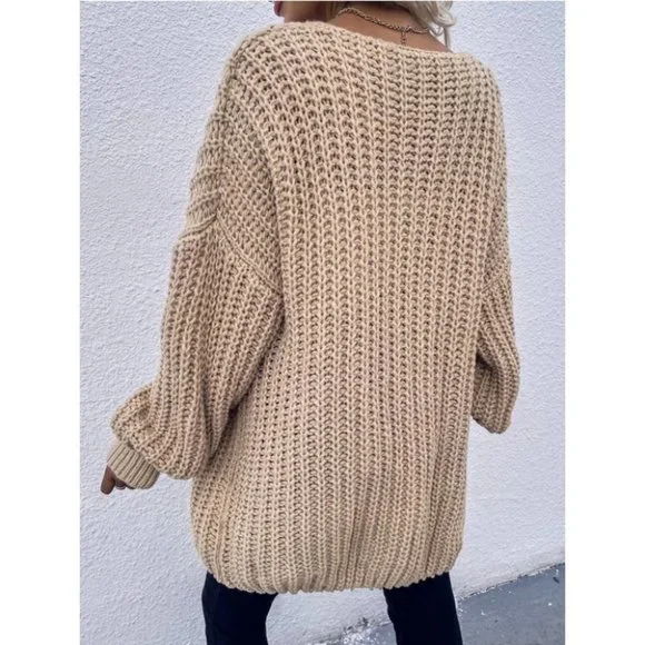 Chunky Knit Open front comfy cozy sweater Cardigan khaki - Picture 6 of 14